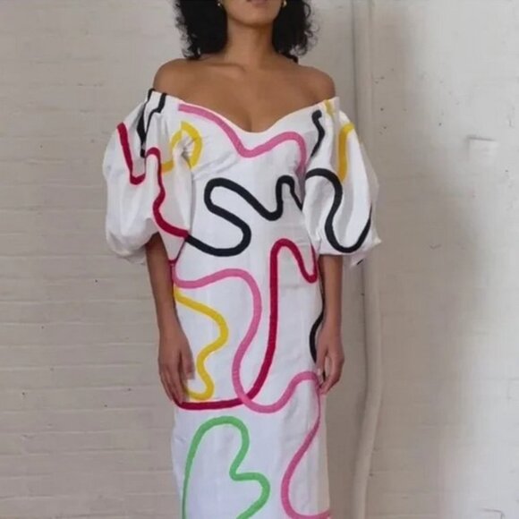 Mara Hoffman Namari Puff Sleeve Printed Linen Off the Shoulder Midi Dress Size 6 - Picture 4 of 12